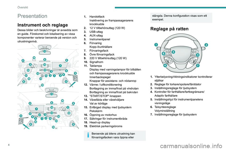 PEUGEOT EXPERT 2023  Bruksanvisningar (in Swedish) 4
Översikt
Presentation
Instrument och reglage
Dessa bilder och beskrivningar är avsedda som 
en guide. Förekomst och lokalisering av vissa 
komponenter varierar beroende på version och 
utrustnin