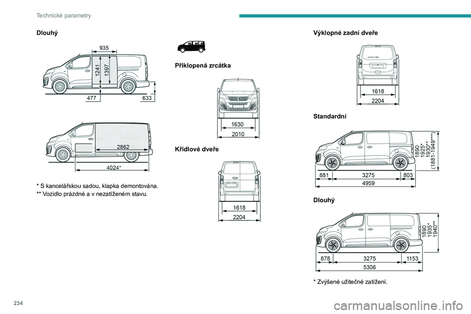 PEUGEOT EXPERT 2023  Návod na použití (in Czech) 234
Technické parametry
Dlouhý 
 
 
 
* S kancelářskou sadou, klapka demontována.
** Vozidlo prázdné a v nezatíženém stavu.
 
 
Přiklopená zrcátka 
 
Křídlové dveře 
 
Výklopné zadn