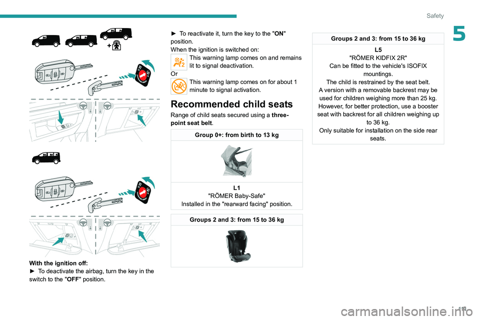 PEUGEOT EXPERT 2022 Owners Manual 111
Safety
5
With the ignition off:
► T o deactivate the airbag, turn the key in the
switch to the "OFF " position. ►
T
o reactivate it, turn the key to the "ON" PEUGEOT EXPERT 2022 Owners Manual 111
Safety
5
With the ignition off:
► T o deactivate the airbag, turn the key in the
switch to the "OFF " position. ►
T
o reactivate it, turn the key to the "ON"