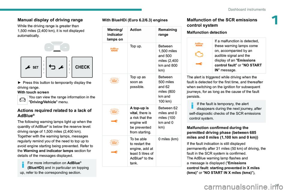 PEUGEOT EXPERT 2022 User Guide 19
Dashboard instruments
1Manual display of driving range
While the driving range is greater than
1,500 miles (2,400 km), it is not displayed
automatically.
► Press this button to tempora PEUGEOT EXPERT 2022 User Guide 19
Dashboard instruments
1Manual display of driving range
While the driving range is greater than
1,500 miles (2,400 km), it is not displayed
automatically.
► Press this button to tempora