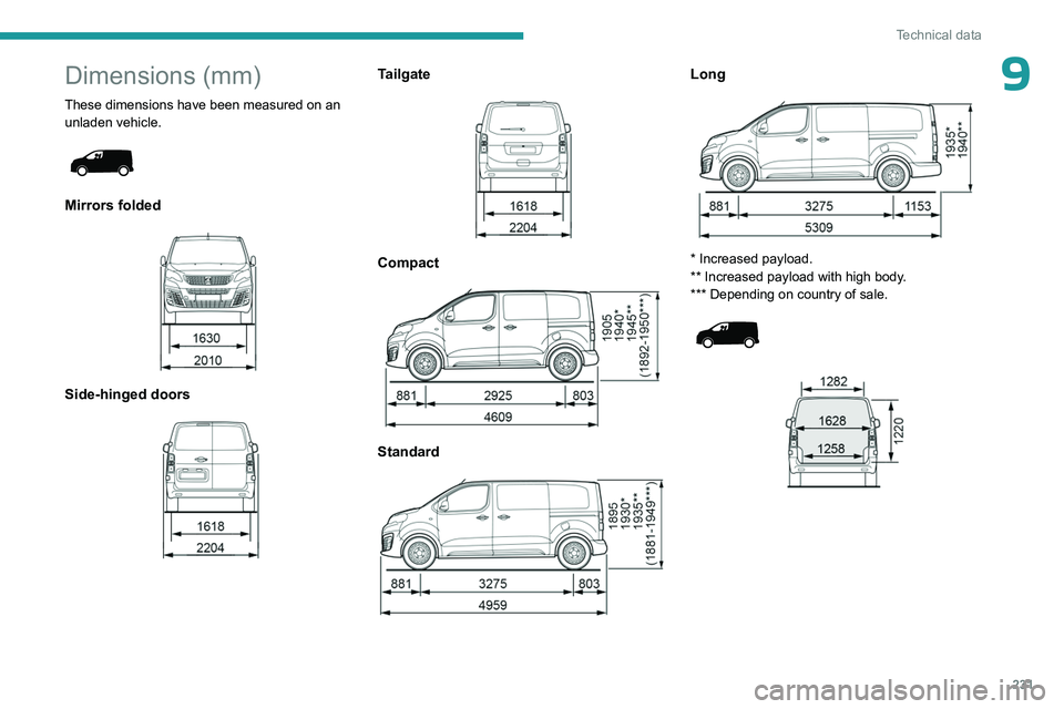 PEUGEOT EXPERT 2022 Owners Manual 231
Technical data
9Dimensions (mm)
These dimensions have been measured on an unladen vehicle.
Mirrors folded
Side-hinged doors
Tailgate
Compact
Standard
Long
* Increased payloa PEUGEOT EXPERT 2022 Owners Manual 231
Technical data
9Dimensions (mm)
These dimensions have been measured on an unladen vehicle.
Mirrors folded
Side-hinged doors
Tailgate
Compact
Standard
Long
* Increased payloa