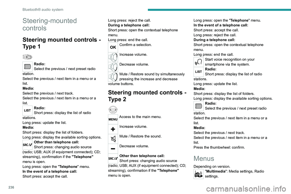 PEUGEOT EXPERT 2022  Owners Manual 236
Bluetooth® audio system
Steering-mounted 
controls
Steering mounted controls - 
Type 1
  
Radio:
Select the previous / next preset radio 
station.
Select the previous / next item in a menu or a 
