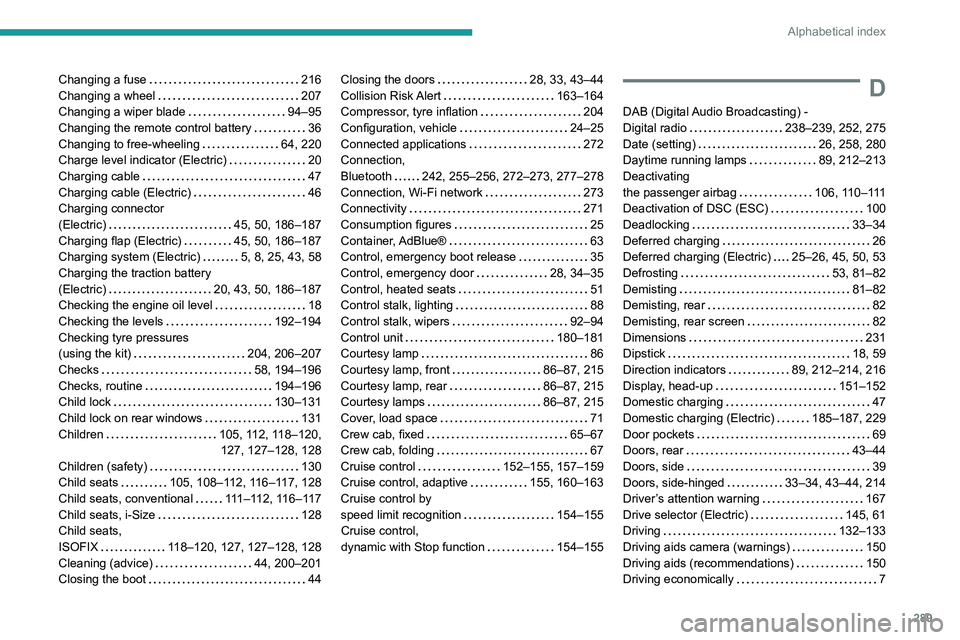 PEUGEOT EXPERT 2022 Owners Manual 289
Alphabetical index
Changing a fuse 216
Changing a wheel
207
Changing a wiper blade
94–95
Changing the remote control battery
36
Changing to free-wheeling
64, 220
Charge l PEUGEOT EXPERT 2022 Owners Manual 289
Alphabetical index
Changing a fuse 216
Changing a wheel
207
Changing a wiper blade
94–95
Changing the remote control battery
36
Changing to free-wheeling
64, 220
Charge l