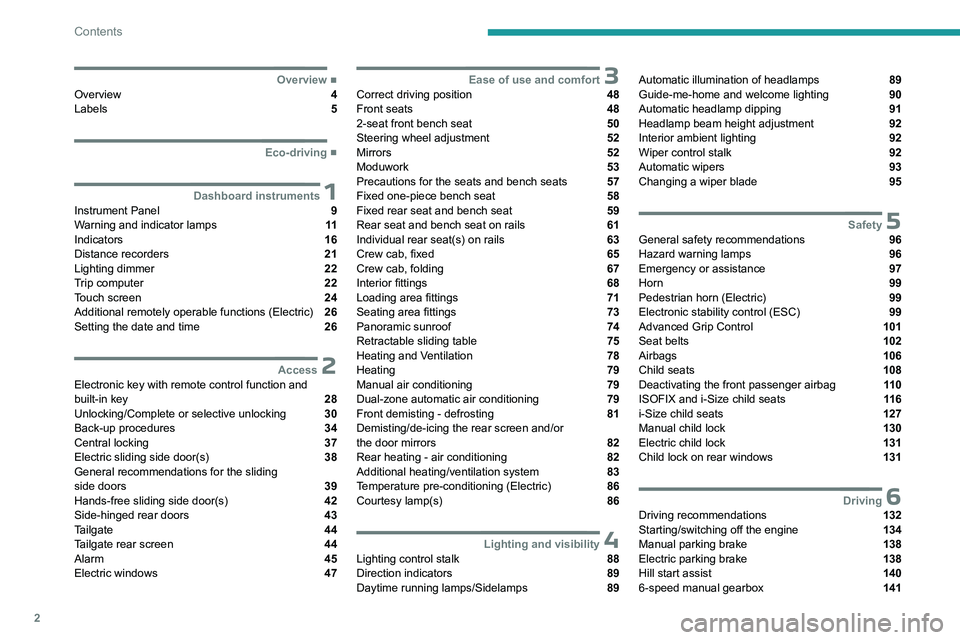 PEUGEOT EXPERT 2022  Owners Manual 2
Contents
  ■
OverviewOverview  4
Labels  5
  ■
Eco-driving
 1Dashboard instrumentsInstrument Panel  9
Warning and indicator lamps  11
Indicators  16
Distance recorders  21
Lighting dimmer 