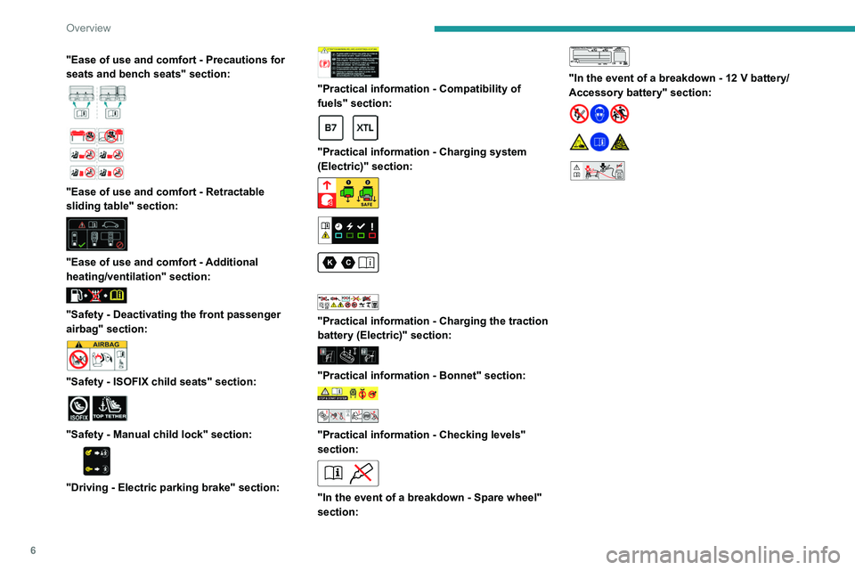 PEUGEOT EXPERT 2022  Owners Manual 6
Overview
"Ease of use and comfort - Precautions for 
seats and bench seats" section:
 
 
 
 
"Ease of use and comfort - Retractable 
sliding table" section:
 
 
"Ease of use and 