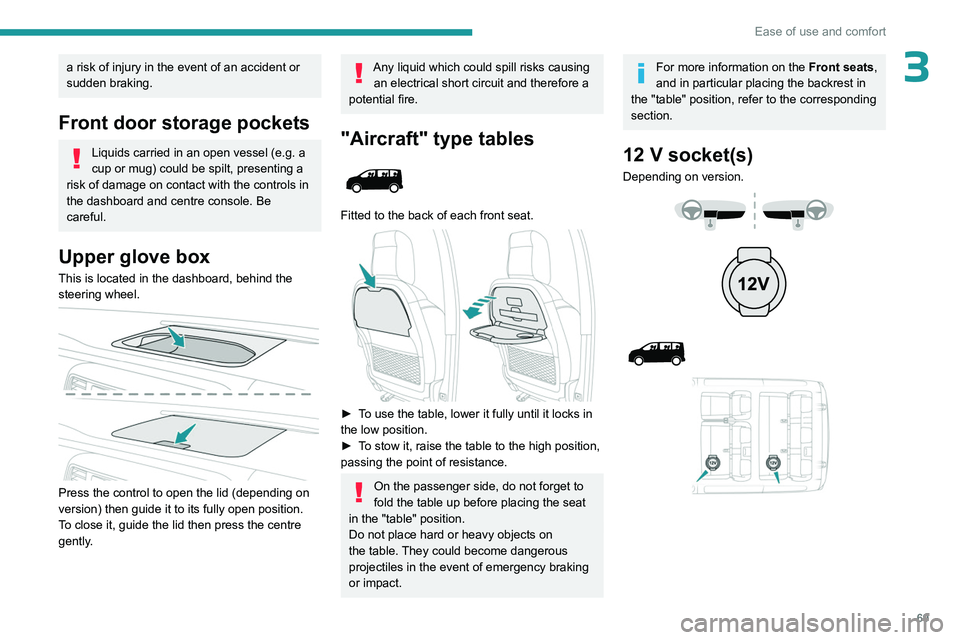 PEUGEOT EXPERT 2022 Manual PDF 69
Ease of use and comfort
3a risk of injury in the event of an accident or
sudden braking.
Front door storage pockets
Liquids carried in an open vessel (e.g. a
cup or mug) could be spilt, presentin PEUGEOT EXPERT 2022 Manual PDF 69
Ease of use and comfort
3a risk of injury in the event of an accident or
sudden braking.
Front door storage pockets
Liquids carried in an open vessel (e.g. a
cup or mug) could be spilt, presentin