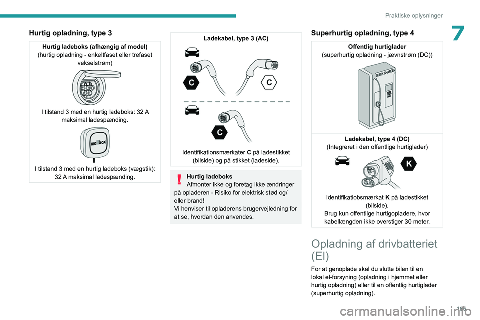 PEUGEOT EXPERT 2022  Brugsanvisning (in Danish) 185
Praktiske oplysninger
7Hurtig opladning, type 3
Hurtig ladeboks (afhængig af model)
(hurtig opladning - enkeltfaset eller trefaset  vekselstrøm)
 
 
I tilstand 3 med en hurtig ladeboks: 32 A mak PEUGEOT EXPERT 2022  Brugsanvisning (in Danish) 185
Praktiske oplysninger
7Hurtig opladning, type 3
Hurtig ladeboks (afhængig af model)
(hurtig opladning - enkeltfaset eller trefaset  vekselstrøm)
 
 
I tilstand 3 med en hurtig ladeboks: 32 A mak