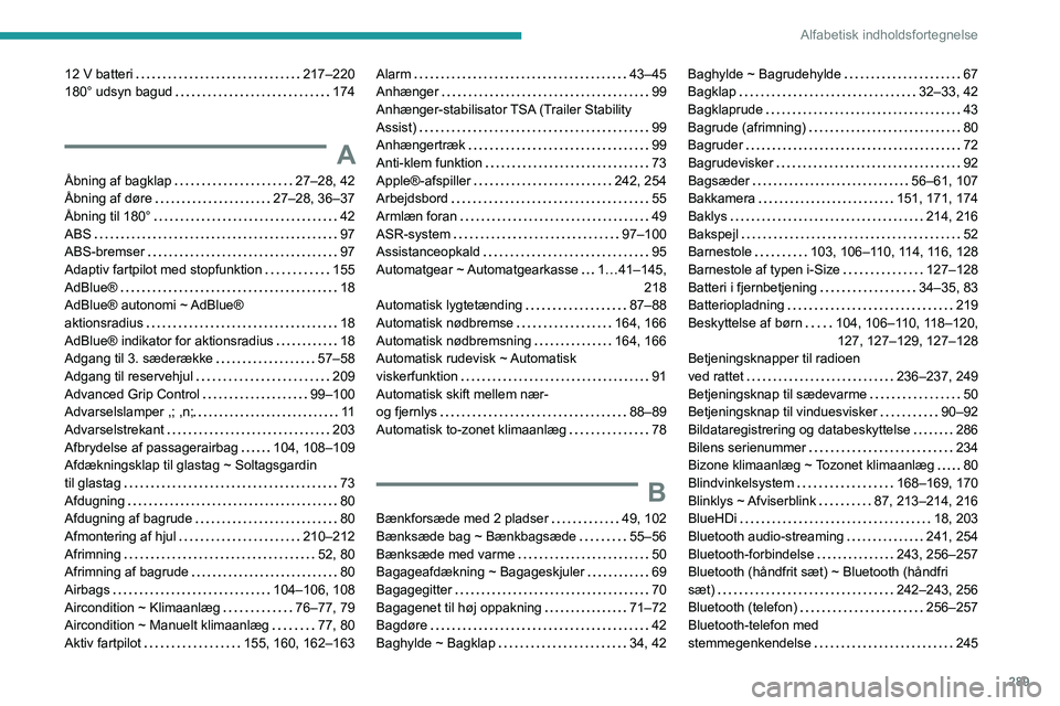 PEUGEOT EXPERT 2022 Brugsanvisning (in Danish) 289
Alfabetisk indholdsfortegnelse
12 V batteri 217–220
180° udsyn bagud
174
A
Åbning af bagklap 27–28, 42
Åbning af døre
27–28, 36–37
Åbning til 180°
42
ABS
9 PEUGEOT EXPERT 2022 Brugsanvisning (in Danish) 289
Alfabetisk indholdsfortegnelse
12 V batteri 217–220
180° udsyn bagud
174
A
Åbning af bagklap 27–28, 42
Åbning af døre
27–28, 36–37
Åbning til 180°
42
ABS
9