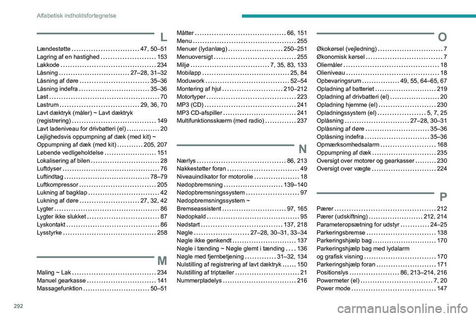 PEUGEOT EXPERT 2022 Brugsanvisning (in Danish) 292
Alfabetisk indholdsfortegnelse
L
Lændestøtte 47, 50–51
Lagring af en hastighed
153
Lakkode
234
LÃ¥sning
27–28, 31–32
Låsning af døre
35–36
LÃ¥sning indefra
PEUGEOT EXPERT 2022 Brugsanvisning (in Danish) 292
Alfabetisk indholdsfortegnelse
L
Lændestøtte 47, 50–51
Lagring af en hastighed
153
Lakkode
234
LÃ¥sning
27–28, 31–32
Låsning af døre
35–36
LÃ¥sning indefra