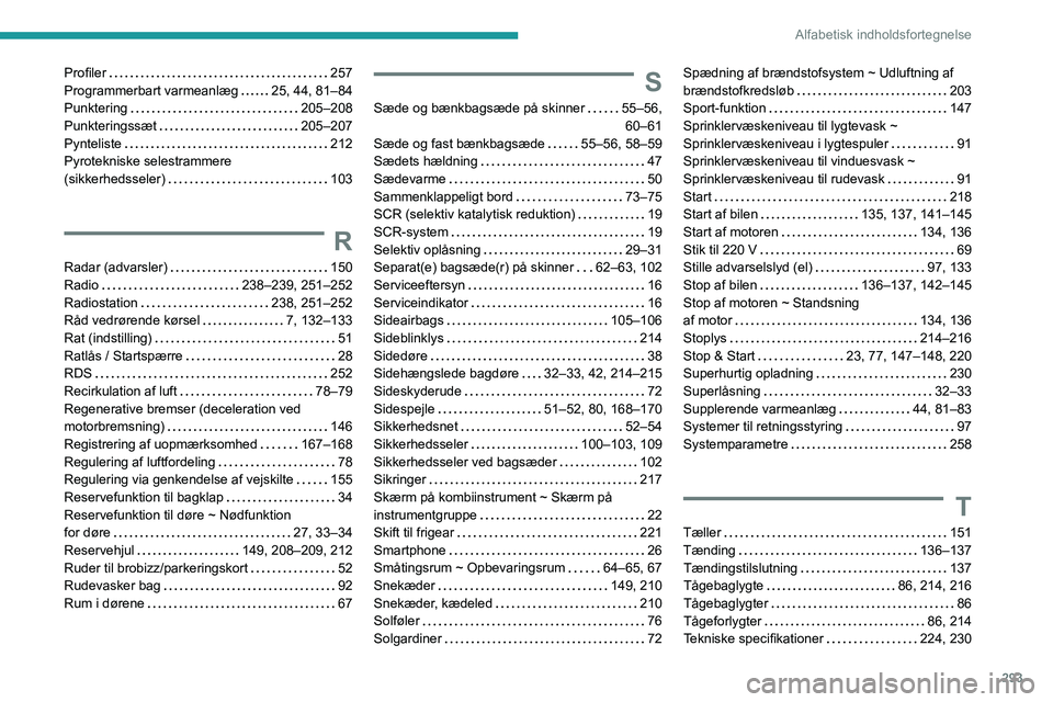 PEUGEOT EXPERT 2022 Brugsanvisning (in Danish) 293
Alfabetisk indholdsfortegnelse
Profiler 257
Programmerbart varmeanlæg
25, 44, 81–84
Punktering
205–208
Punkteringssæt
205–207
Pynteliste
212
Pyrotekniske selestramme PEUGEOT EXPERT 2022 Brugsanvisning (in Danish) 293
Alfabetisk indholdsfortegnelse
Profiler 257
Programmerbart varmeanlæg
25, 44, 81–84
Punktering
205–208
Punkteringssæt
205–207
Pynteliste
212
Pyrotekniske selestramme