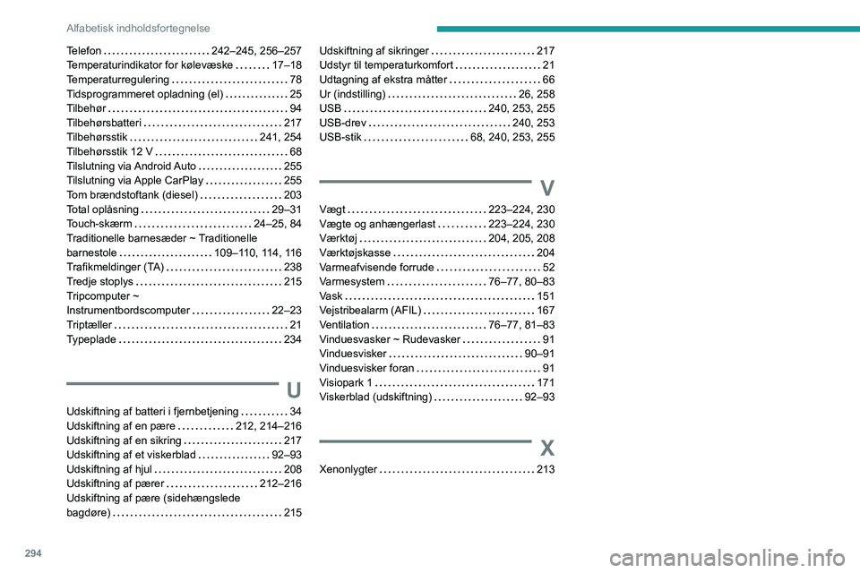 PEUGEOT EXPERT 2022 Brugsanvisning (in Danish) 294
Alfabetisk indholdsfortegnelse
Telefon 242–245, 256–257
Temperaturindikator for kølevæske
17–18
Temperaturregulering
78
Tidsprogrammeret opladning (el)
25
Tilbehør
PEUGEOT EXPERT 2022 Brugsanvisning (in Danish) 294
Alfabetisk indholdsfortegnelse
Telefon 242–245, 256–257
Temperaturindikator for kølevæske
17–18
Temperaturregulering
78
Tidsprogrammeret opladning (el)
25
Tilbehør