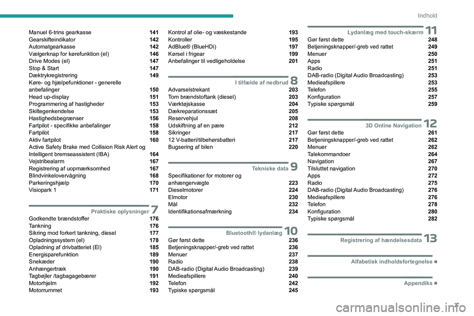 PEUGEOT EXPERT 2022  Brugsanvisning (in Danish) 3
Indhold
Manuel 6-trins gearkasse  141
Gearskifteindikator  142
Automatgearkasse  142
Vælgerknap for kørefunktion (el)  146
Drive Modes (el)  147
Stop & Start  147
Dæktrykregistrering  149
Køre- 