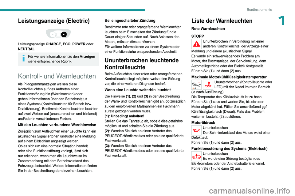 PEUGEOT EXPERT 2022  Betriebsanleitungen (in German) 11
Bordinstrumente
1Leistungsanzeige (Electric) 
 
Leistungsanzeige CHARGE, ECO, POWER oder 
NEUTRAL.
Für weitere Informationen zu den Anzeigen  
siehe entsprechende Rubrik.
Kontroll- und Warnleuchte