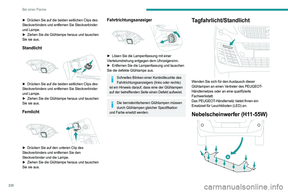 PEUGEOT EXPERT 2022 Betriebsanleitungen (in German) 230
Bei einer Panne
► Drücken Sie auf die beiden seitlichen Clips des
Steckverbinders und entfernen Sie Steckverbinder
und Lampe.
►
Ziehen Sie die Glühlampe heraus und tauschen
Sie sie au PEUGEOT EXPERT 2022 Betriebsanleitungen (in German) 230
Bei einer Panne
► Drücken Sie auf die beiden seitlichen Clips des
Steckverbinders und entfernen Sie Steckverbinder
und Lampe.
►
Ziehen Sie die Glühlampe heraus und tauschen
Sie sie au
