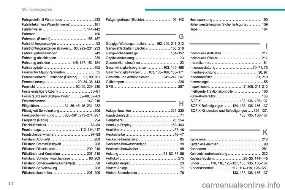 PEUGEOT EXPERT 2022 Betriebsanleitungen (in German) 310
Stichwortverzeichnis
Fahrgestell mit Führerhaus 233
Fahrhilfekamera (Warnhinweise)
161
Fahrhinweise
7, 141–142
Fahrmodi
156
Fahrmodi (Electric)
156–157
Fahrtrichtungsanz PEUGEOT EXPERT 2022 Betriebsanleitungen (in German) 310
Stichwortverzeichnis
Fahrgestell mit Führerhaus 233
Fahrhilfekamera (Warnhinweise)
161
Fahrhinweise
7, 141–142
Fahrmodi
156
Fahrmodi (Electric)
156–157
Fahrtrichtungsanz