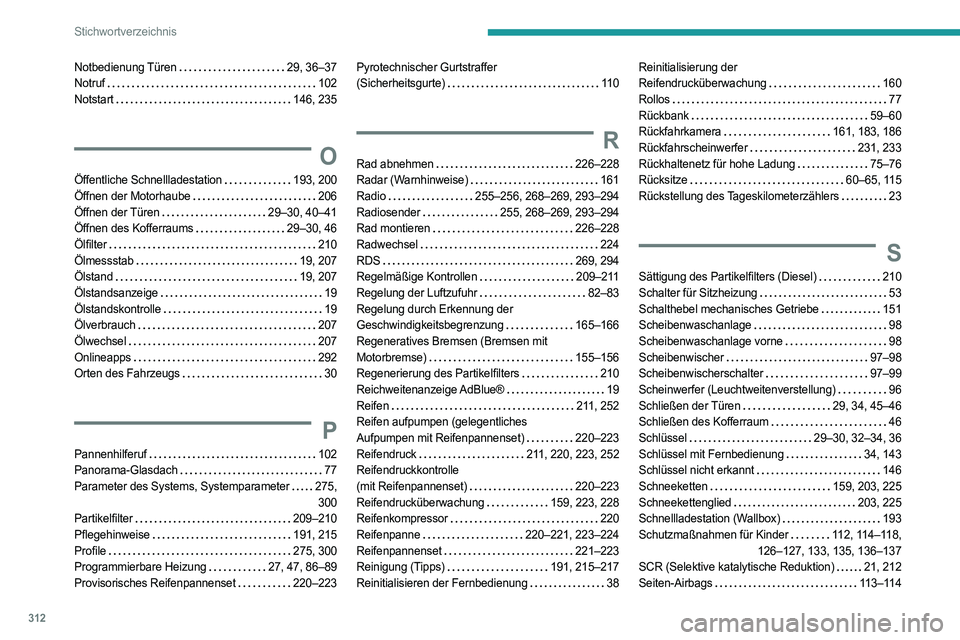 PEUGEOT EXPERT 2022 Betriebsanleitungen (in German) 312
Stichwortverzeichnis
Notbedienung Türen 29, 36–37
Notruf
102
Notstart
146, 235
O
Öffentliche Schnellladestation 193, 200
Öffnen der Motorhaube
206
Öffnen der Türen
PEUGEOT EXPERT 2022 Betriebsanleitungen (in German) 312
Stichwortverzeichnis
Notbedienung Türen 29, 36–37
Notruf
102
Notstart
146, 235
O
Öffentliche Schnellladestation 193, 200
Öffnen der Motorhaube
206
Öffnen der Türen