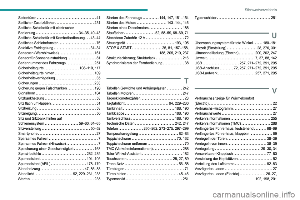 PEUGEOT EXPERT 2022 Betriebsanleitungen (in German) 313
Stichwortverzeichnis
Seitentüren 41
Seitlicher Zusatzblinker
231
Seitliche Schiebetür mit elektrischer
Bedienung
34–35, 40–43
Seitliche Schiebetür mit Komfortbedienung
PEUGEOT EXPERT 2022 Betriebsanleitungen (in German) 313
Stichwortverzeichnis
Seitentüren 41
Seitlicher Zusatzblinker
231
Seitliche Schiebetür mit elektrischer
Bedienung
34–35, 40–43
Seitliche Schiebetür mit Komfortbedienung