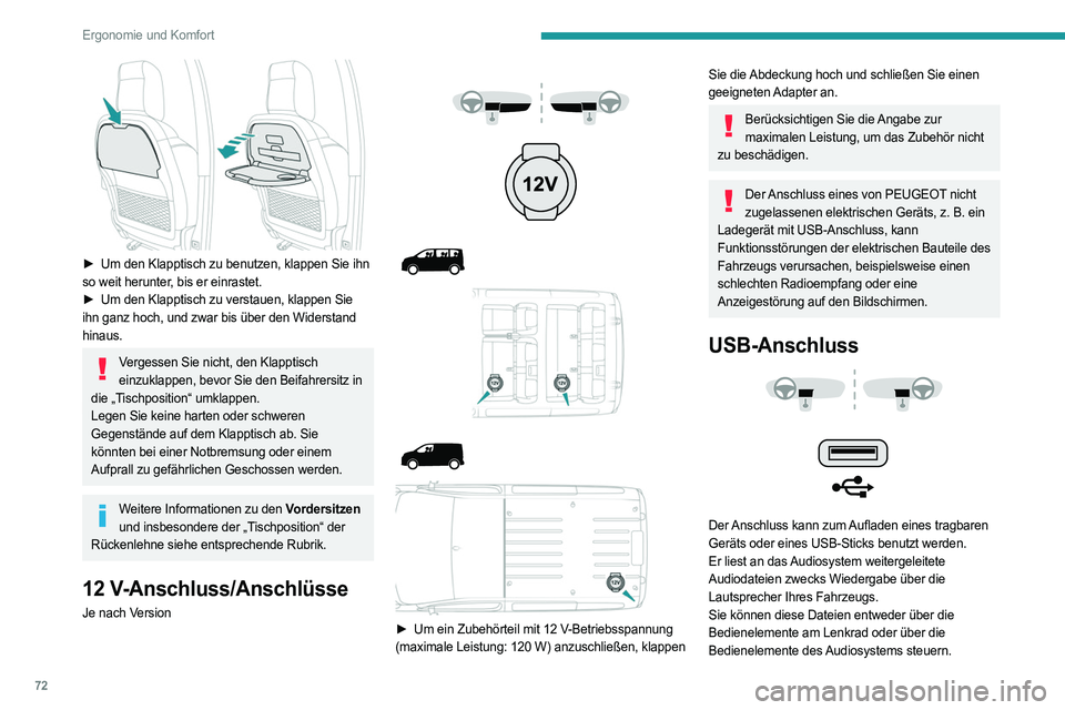 PEUGEOT EXPERT 2022 Betriebsanleitungen (in German) 72
Ergonomie und Komfort
â–º Um den Klapptisch zu benutzen, klappen Sie ihn
so weit herunter, bis er einrastet.
â–º
Um den Klapptisch zu verstauen, klappen Sie
ihn ganz hoch, und zwar bis üb PEUGEOT EXPERT 2022 Betriebsanleitungen (in German) 72
Ergonomie und Komfort
â–º Um den Klapptisch zu benutzen, klappen Sie ihn
so weit herunter, bis er einrastet.
â–º
Um den Klapptisch zu verstauen, klappen Sie
ihn ganz hoch, und zwar bis üb