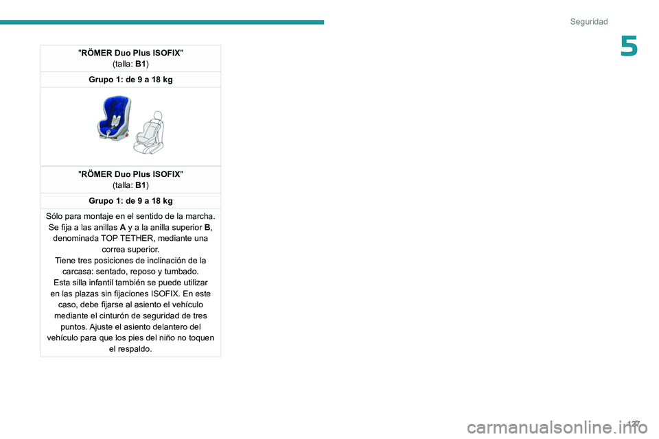 PEUGEOT EXPERT 2022  Manual del propietario (in Spanish) 127
Seguridad
5"RÖMER Duo Plus ISOFIX"
(talla: B1)
Grupo 1: de 9 a 18 kg
 
 
"RÖMER Duo Plus ISOFIX "
(talla: B1)
Grupo 1: de 9 a 18 kg
Sólo para montaje en el sentido de la marcha.