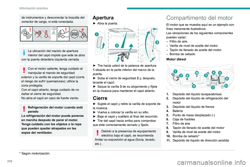 PEUGEOT EXPERT 2022  Manual del propietario (in Spanish) 210
Información práctica
de instrumentos y desconectar la boquilla del 
conector de carga, si está conectada.
La ubicación del mando de apertura 
interior del capó impide que este se abra 
con la