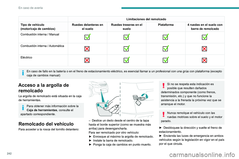 PEUGEOT EXPERT 2022 Manual del propietario (in Spanish) 242
En caso de averÃa
Limitaciones del remolcado
Tipo de vehÃculo
(motor/caja de cambios) Ruedas delanteras en
el suelo Ruedas traseras en el
suelo Plataforma 4 ruedas en el suelo con
barra de re PEUGEOT EXPERT 2022 Manual del propietario (in Spanish) 242
En caso de averÃa
Limitaciones del remolcado
Tipo de vehÃculo
(motor/caja de cambios) Ruedas delanteras en
el suelo Ruedas traseras en el
suelo Plataforma 4 ruedas en el suelo con
barra de re