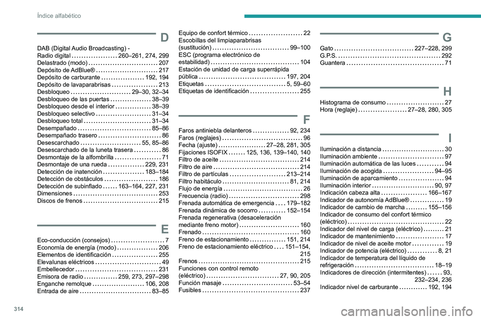 PEUGEOT EXPERT 2022  Manual del propietario (in Spanish) 314
Índice alfabético
D
DAB (Digital Audio Broadcasting) -  
Radio digital    
260–261, 274, 299
Delastrado (modo)
    
207
Depósito  de AdBlue®
    
217
Depósito de carburante
    
192, 194
De