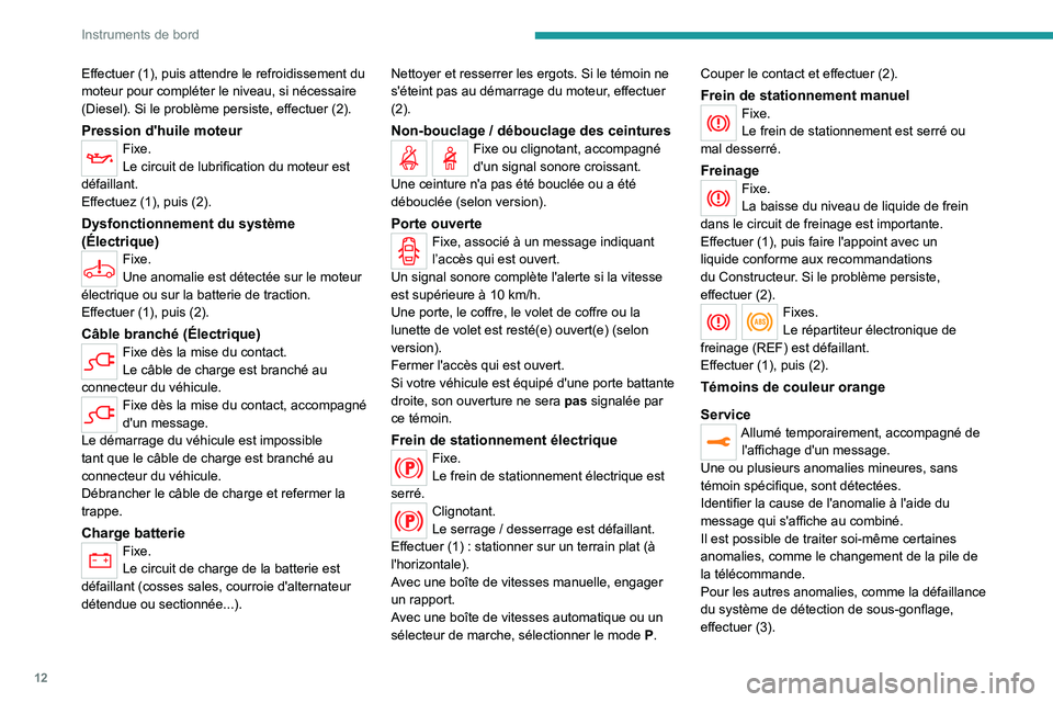 PEUGEOT EXPERT 2022  Manuel du propriétaire (in French) 12
Instruments de bord
Effectuer (1), puis attendre le refroidissement du 
moteur pour compléter le niveau, si nécessaire 
(Diesel). Si le problème persiste, effectuer (2).
Pression d'huile mot