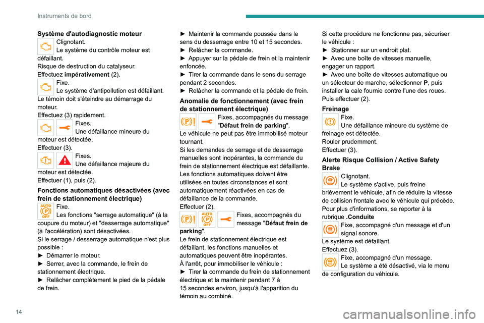PEUGEOT EXPERT 2022 Manuel du propriétaire (in French) 14
Instruments de bord
Système d'autodiagnostic moteurClignotant.
Le système du contrôle moteur est
défaillant.
Risque de destruction du catalyseur.
Effectuez impérativement (2).
Fixe.
Le s PEUGEOT EXPERT 2022 Manuel du propriétaire (in French) 14
Instruments de bord
Système d'autodiagnostic moteurClignotant.
Le système du contrôle moteur est
défaillant.
Risque de destruction du catalyseur.
Effectuez impérativement (2).
Fixe.
Le s