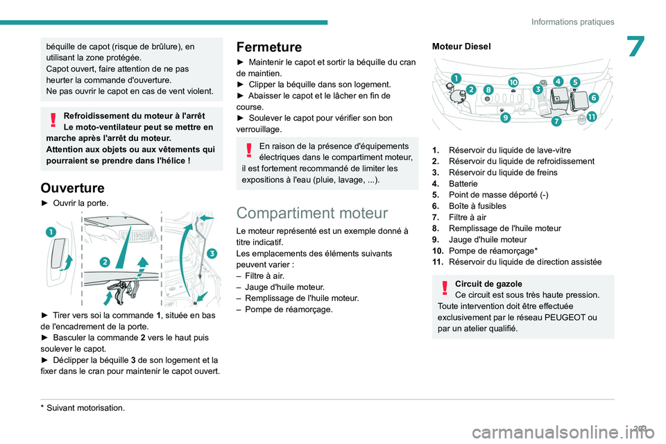 PEUGEOT EXPERT 2022  Manuel du propriétaire (in French) 203
Informations pratiques
7béquille de capot (risque de brûlure), en 
utilisant la zone protégée.
Capot ouvert, faire attention de ne pas 
heurter la commande d'ouverture.
Ne pas ouvrir le ca