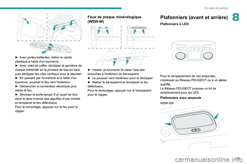 PEUGEOT EXPERT 2022  Manuel du propriétaire (in French) 229
En cas de panne
8
 
► Avec portes battantes, retirer le cache 
plastique à l'aide d'un tournevis.
► 
A
 vec volet de coffre, déclipper la garniture de 
chaque extrémité en la pivot
