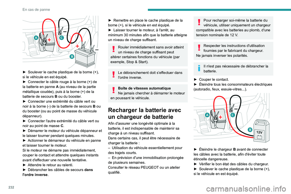 PEUGEOT EXPERT 2022  Manuel du propriétaire (in French) 232
En cas de panne
 
► Soulever le cache plastique de la borne  (+), 
si le véhicule en est équipé.
►
 
Connecter le câble rouge à la borne
   (+) de 
la batterie en panne
 
A
  (au niveau d