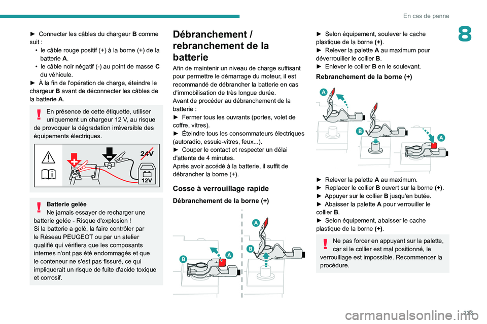 PEUGEOT EXPERT 2022  Manuel du propriétaire (in French) 233
En cas de panne
8► Connecter les câbles du chargeur B  comme 
suit   :
•
 
le câble rouge positif
   (+) à la borne   (+) de la 
batterie
  A.
•
 
le câble noir négatif
   (-) au point 