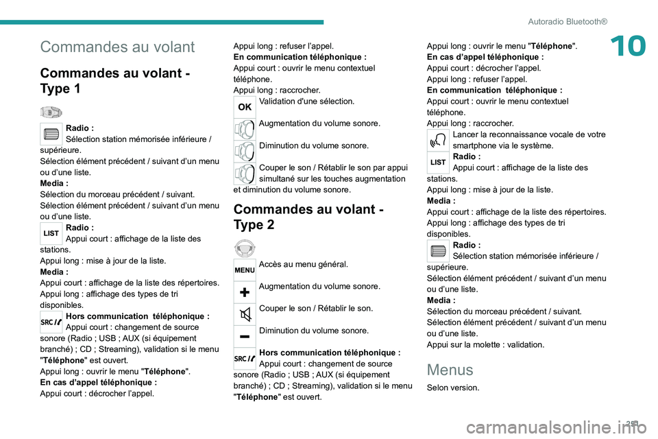 PEUGEOT EXPERT 2022 Manuel du propriétaire (in French) 251
Autoradio Bluetooth®
10Commandes au volant
Commandes au volant -
Type 1
Radio :
Sélection station mémorisée inférieure /
supérieure.
Sélection élément précédent / suivant d’un me PEUGEOT EXPERT 2022 Manuel du propriétaire (in French) 251
Autoradio Bluetooth®
10Commandes au volant
Commandes au volant -
Type 1
Radio :
Sélection station mémorisée inférieure /
supérieure.
Sélection élément précédent / suivant d’un me