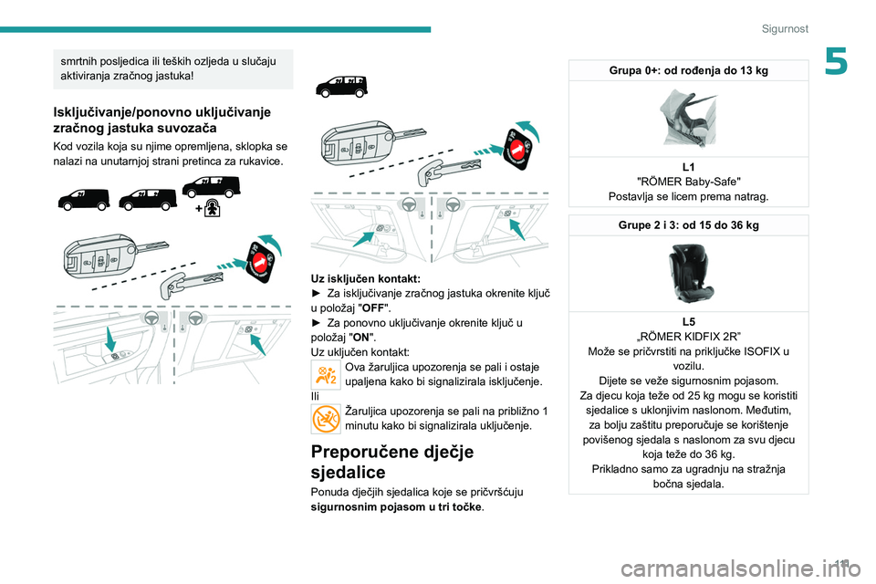 PEUGEOT EXPERT 2022  Upute Za Rukovanje (in Croatian) 111
Sigurnost
5smrtnih posljedica ili teških ozljeda u slučaju 
aktiviranja zračnog jastuka!
Isključivanje/ponovno uključivanje 
zračnog jastuka suvozača
Kod vozila koja su njime opremljena, sk