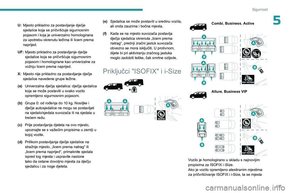 PEUGEOT EXPERT 2022  Upute Za Rukovanje (in Croatian) 11 7
Sigurnost
5U:Mjesto prikladno za postavljanje dječje 
sjedalice koja se pričvršćuje sigurnosnim 
pojasom i koja je univerzalno homologirana 
za upotrebu okrenutu leđima ili licem prema 
napr