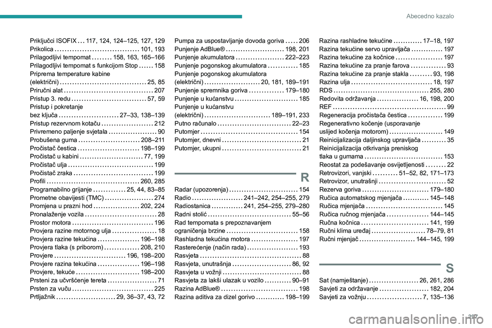 PEUGEOT EXPERT 2022  Upute Za Rukovanje (in Croatian) 297
Abecedno kazalo
Priključci ISOFIX    117, 124, 124–125, 127, 129
Prikolica     
101, 193
Prilagodljivi tempomat
    
158, 163, 165–166
Prilagodljivi tempomat s funkcijom Stop
    
158
Priprem