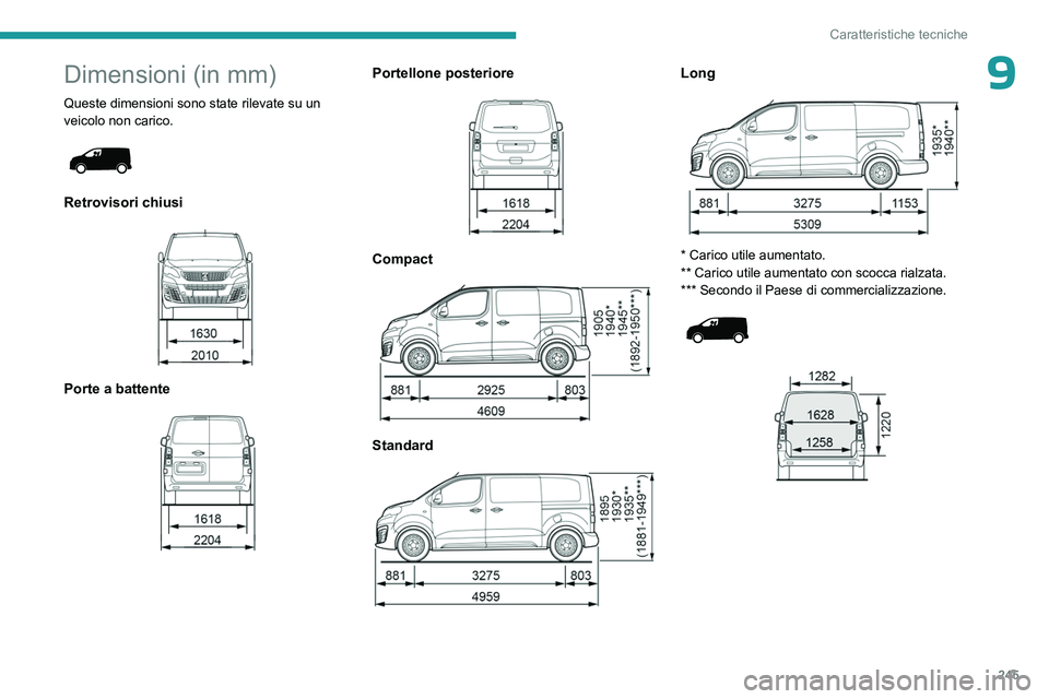 PEUGEOT EXPERT 2022  Manuale duso (in Italian) 245
Caratteristiche tecniche
9Dimensioni (in mm)
Queste dimensioni sono state rilevate su un 
veicolo non carico.
 
 
Retrovisori chiusi 
 
Porte a battente 
 
Portellone posteriore 
 
Compact 
 
Stan