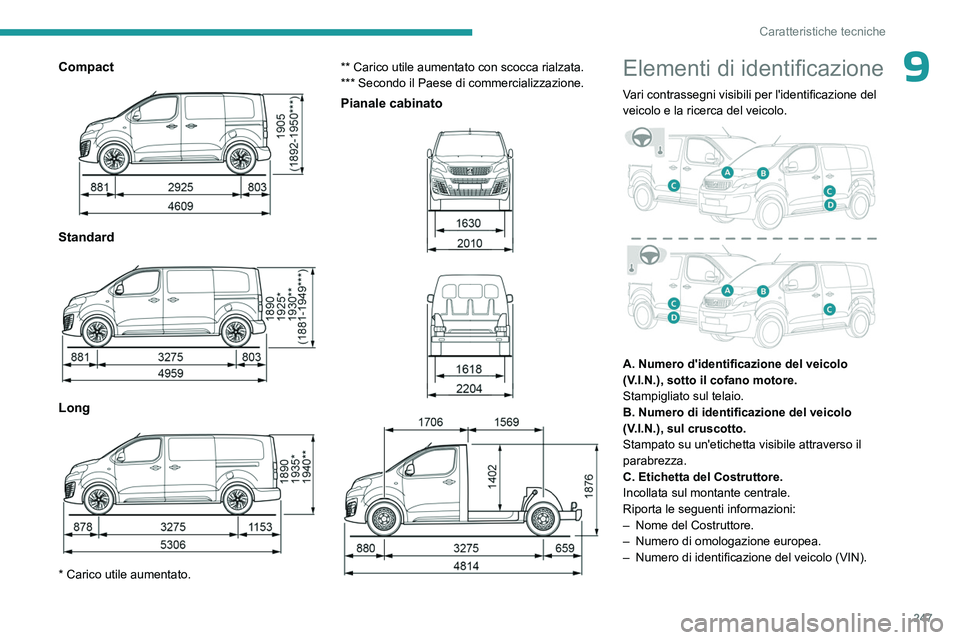 PEUGEOT EXPERT 2022  Manuale duso (in Italian) 247
Caratteristiche tecniche
9Compact 
 
Standard  
 
Long 
 
* Carico utile aumentato.** Carico utile aumentato con scocca rialzata.
*** Secondo il Paese di commercializzazione.
Pianale cabinato 
 
 