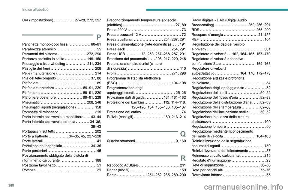 PEUGEOT EXPERT 2022 Manuale duso (in Italian) 308
Indice alfabetico
Ora (impostazione) 27–28, 272, 297
P
Panchetta monoblocco fissa 60–61
Parabrezza atermico
55
Parametri del sistema
272, 296
Partenza assistita in salita
PEUGEOT EXPERT 2022 Manuale duso (in Italian) 308
Indice alfabetico
Ora (impostazione) 27–28, 272, 297
P
Panchetta monoblocco fissa 60–61
Parabrezza atermico
55
Parametri del sistema
272, 296
Partenza assistita in salita