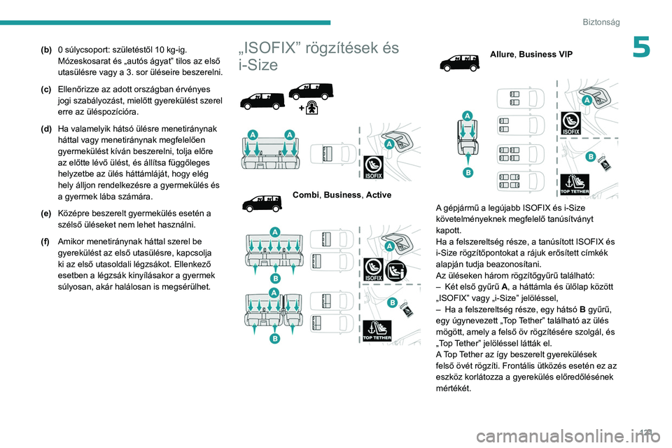 PEUGEOT EXPERT 2022 Kezelési útmutató (in Hungarian) 121
Biztonság
5(b)0 súlycsoport: születéstől 10 kg-ig.
Mózeskosarat és „autós ágyat” tilos az első
utasülésre vagy a 3. sor üléseire beszerelni.
(c) Ellenőrizze az adott országba PEUGEOT EXPERT 2022 Kezelési útmutató (in Hungarian) 121
Biztonság
5(b)0 súlycsoport: születéstől 10 kg-ig.
Mózeskosarat és „autós ágyat” tilos az első
utasülésre vagy a 3. sor üléseire beszerelni.
(c) Ellenőrizze az adott országba