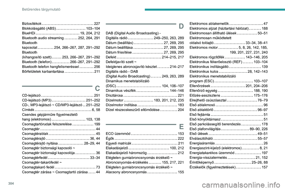 PEUGEOT EXPERT 2022 Kezelési útmutató (in Hungarian) 304
Betűrendes tárgymutató
Biztosítékok 227
Blokkolásgátló (ABS)
103–104
BlueHDi
19, 204, 212
Bluetooth audio streaming
252, 264, 291
Bluetooth
kapcsolat
254, 266– PEUGEOT EXPERT 2022 Kezelési útmutató (in Hungarian) 304
Betűrendes tárgymutató
Biztosítékok 227
Blokkolásgátló (ABS)
103–104
BlueHDi
19, 204, 212
Bluetooth audio streaming
252, 264, 291
Bluetooth
kapcsolat
254, 266–