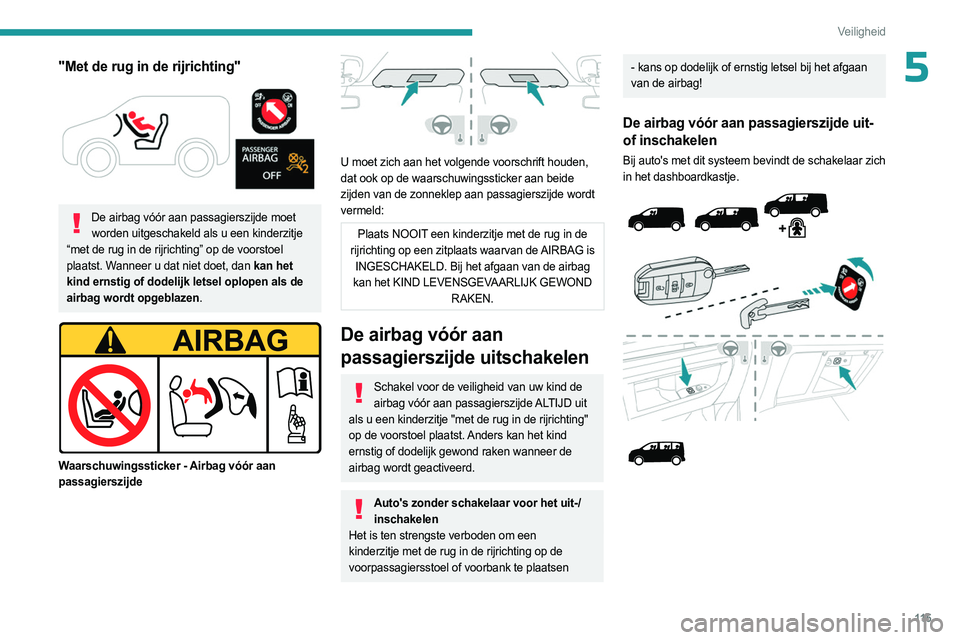 PEUGEOT EXPERT 2022  Instructieboekje (in Dutch) 11 5
Veiligheid
5"Met de rug in de rijrichting" 
 
De airbag vóór aan passagierszijde moet worden uitgeschakeld als u een kinderzitje 
“met de rug in de rijrichting” op de voorstoel 
pla