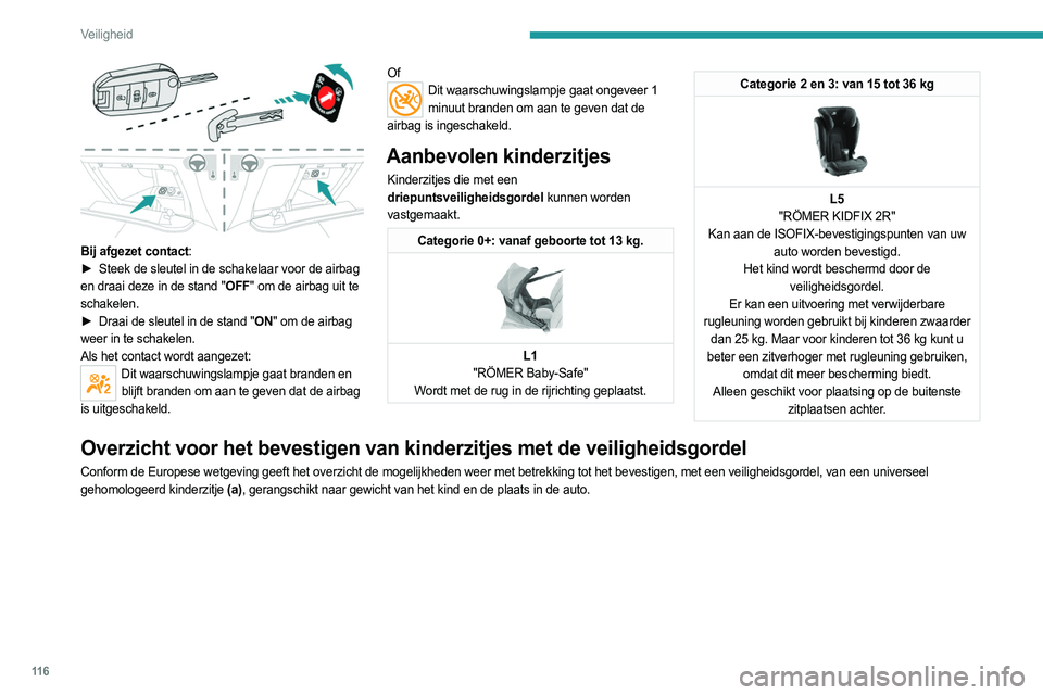 PEUGEOT EXPERT 2022  Instructieboekje (in Dutch) 11 6
Veiligheid
 
Bij afgezet contact:
► Steek de sleutel in de schakelaar voor de airbag  
en draai deze in de stand "OFF" om de airbag uit te 
schakelen. 
►
 
Draai de sleutel in de stan