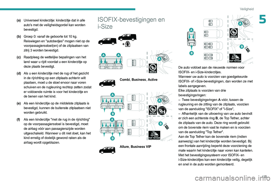 PEUGEOT EXPERT 2022 Instructieboekje (in Dutch) 123
Veiligheid
5(a)Universeel kinderzitje: kinderzitje dat in alle
auto's met de veiligheidsgordel kan worden
bevestigd.
(b) Groep 0: vanaf de geboorte tot 10 kg.
Reiswiegen en "autobedjes& PEUGEOT EXPERT 2022 Instructieboekje (in Dutch) 123
Veiligheid
5(a)Universeel kinderzitje: kinderzitje dat in alle
auto's met de veiligheidsgordel kan worden
bevestigd.
(b) Groep 0: vanaf de geboorte tot 10 kg.
Reiswiegen en "autobedjes&