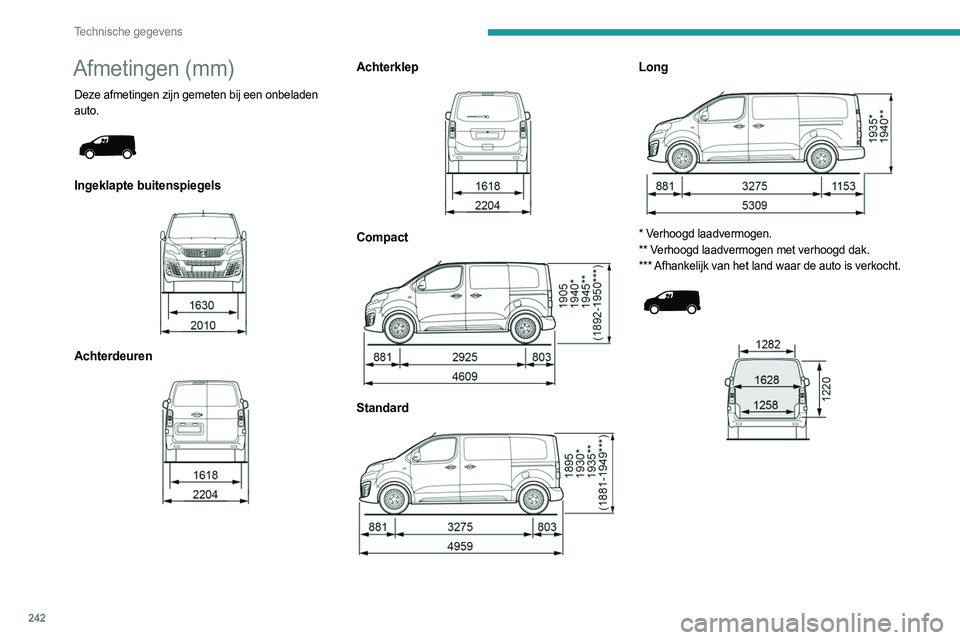 PEUGEOT EXPERT 2022 Instructieboekje (in Dutch) 242
Technische gegevens
Afmetingen (mm)
Deze afmetingen zijn gemeten bij een onbeladen
auto.
Ingeklapte buitenspiegels
Achterdeuren
Achterklep
Compact
Standard
Long
* Verhoogd PEUGEOT EXPERT 2022 Instructieboekje (in Dutch) 242
Technische gegevens
Afmetingen (mm)
Deze afmetingen zijn gemeten bij een onbeladen
auto.
Ingeklapte buitenspiegels
Achterdeuren
Achterklep
Compact
Standard
Long
* Verhoogd
