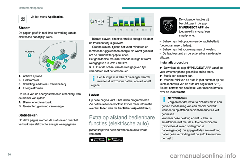 PEUGEOT EXPERT 2022 Instructieboekje (in Dutch) 26
Instrumentenpaneel
– via het menu Applicaties.
Stroom
De pagina geeft in real time de werking van de
elektrische aandrijflijn weer.
1. Actieve rijstand
2. Elektromotor
3. Schatting laadnive PEUGEOT EXPERT 2022 Instructieboekje (in Dutch) 26
Instrumentenpaneel
– via het menu Applicaties.
Stroom
De pagina geeft in real time de werking van de
elektrische aandrijflijn weer.
1. Actieve rijstand
2. Elektromotor
3. Schatting laadnive