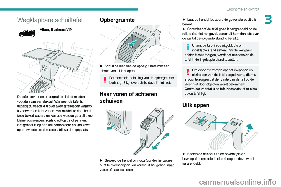 PEUGEOT EXPERT 2022  Instructieboekje (in Dutch) 77
Ergonomie en comfort
3Wegklapbare schuiftafel
Allure, Business VIP
 
 
De tafel bevat een opbergruimte in het midden 
voorzien van een deksel. Wanneer de tafel is 
uitgeklapt, beschikt u over twee 
