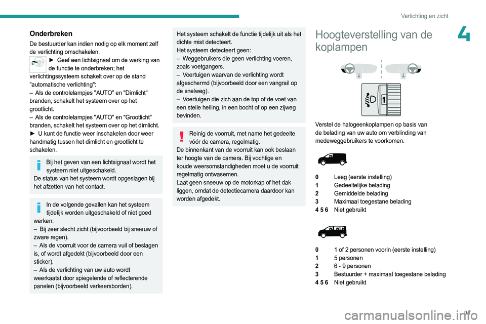 PEUGEOT EXPERT 2022  Instructieboekje (in Dutch) 95
Verlichting en zicht
4Onderbreken
De bestuurder kan indien nodig op elk moment zelf 
de verlichting omschakelen.
► Geef een lichtsignaal om de werking van 
de functie te onderbreken; het 
verlich