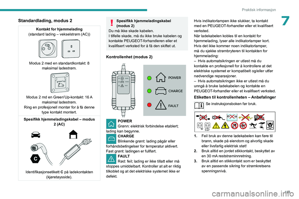 PEUGEOT EXPERT 2022 Instruksjoner for bruk (in Norwegian) 181
Praktisk informasjon
7Standardlading, modus 2
Kontakt for hjemmelading
(standard lading – vekselstrøm (AC))
Modus 2 med en standardkontakt: 8 maksimal ladestrøm.
Modus 2 md en Green†PEUGEOT EXPERT 2022 Instruksjoner for bruk (in Norwegian) 181
Praktisk informasjon
7Standardlading, modus 2
Kontakt for hjemmelading
(standard lading – vekselstrøm (AC))
Modus 2 med en standardkontakt: 8 maksimal ladestrøm.
Modus 2 md en Greenâ€