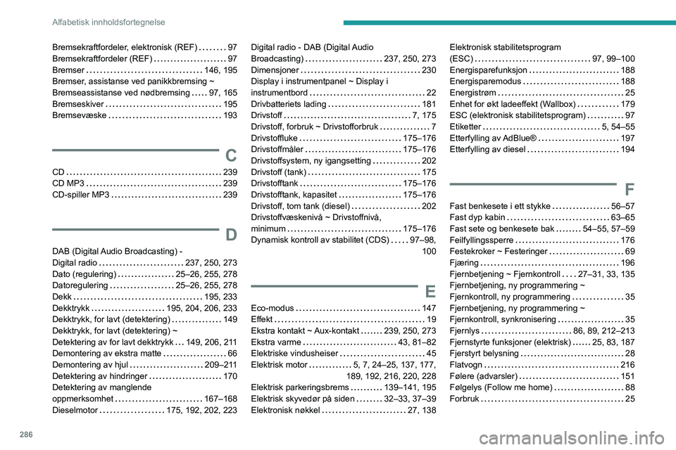 PEUGEOT EXPERT 2022 Instruksjoner for bruk (in Norwegian) 286
Alfabetisk innholdsfortegnelse
Bremsekraftfordeler, elektronisk (REF) 97
Bremsekraftfordeler (REF)
97
Bremser
146, 195
Bremser, assistanse ved panikkbremsing ~
Bremseassistanse ved nà PEUGEOT EXPERT 2022 Instruksjoner for bruk (in Norwegian) 286
Alfabetisk innholdsfortegnelse
Bremsekraftfordeler, elektronisk (REF) 97
Bremsekraftfordeler (REF)
97
Bremser
146, 195
Bremser, assistanse ved panikkbremsing ~
Bremseassistanse ved nÃ